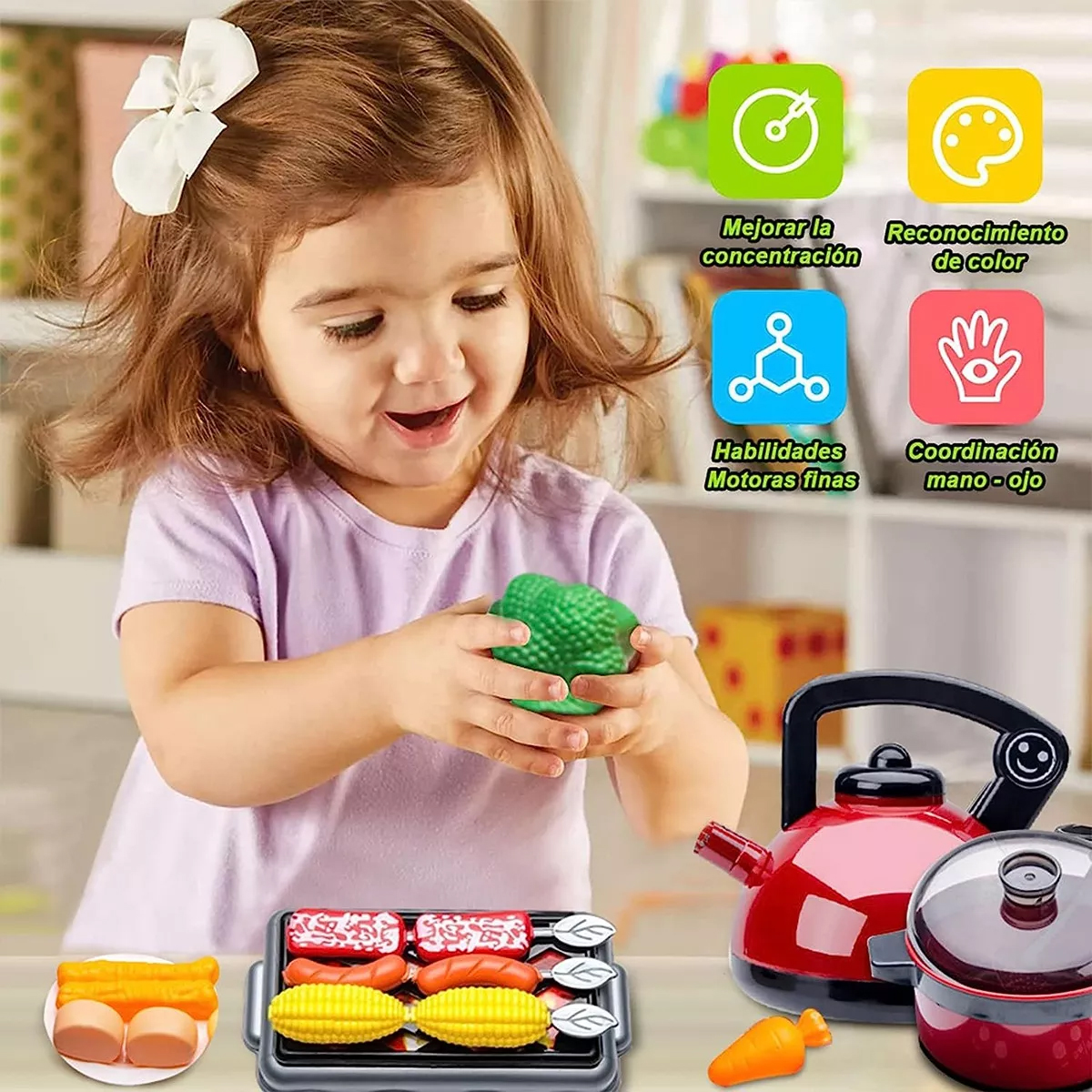 61 piezas Juguetes De Cocina Para Ninos Utensilios Cocina Comida Color Rojo.
