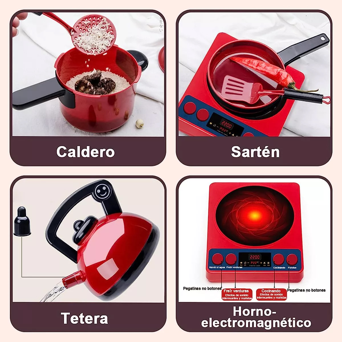 61 piezas Juguetes De Cocina Para Ninos Utensilios Cocina Comida Color Rojo.