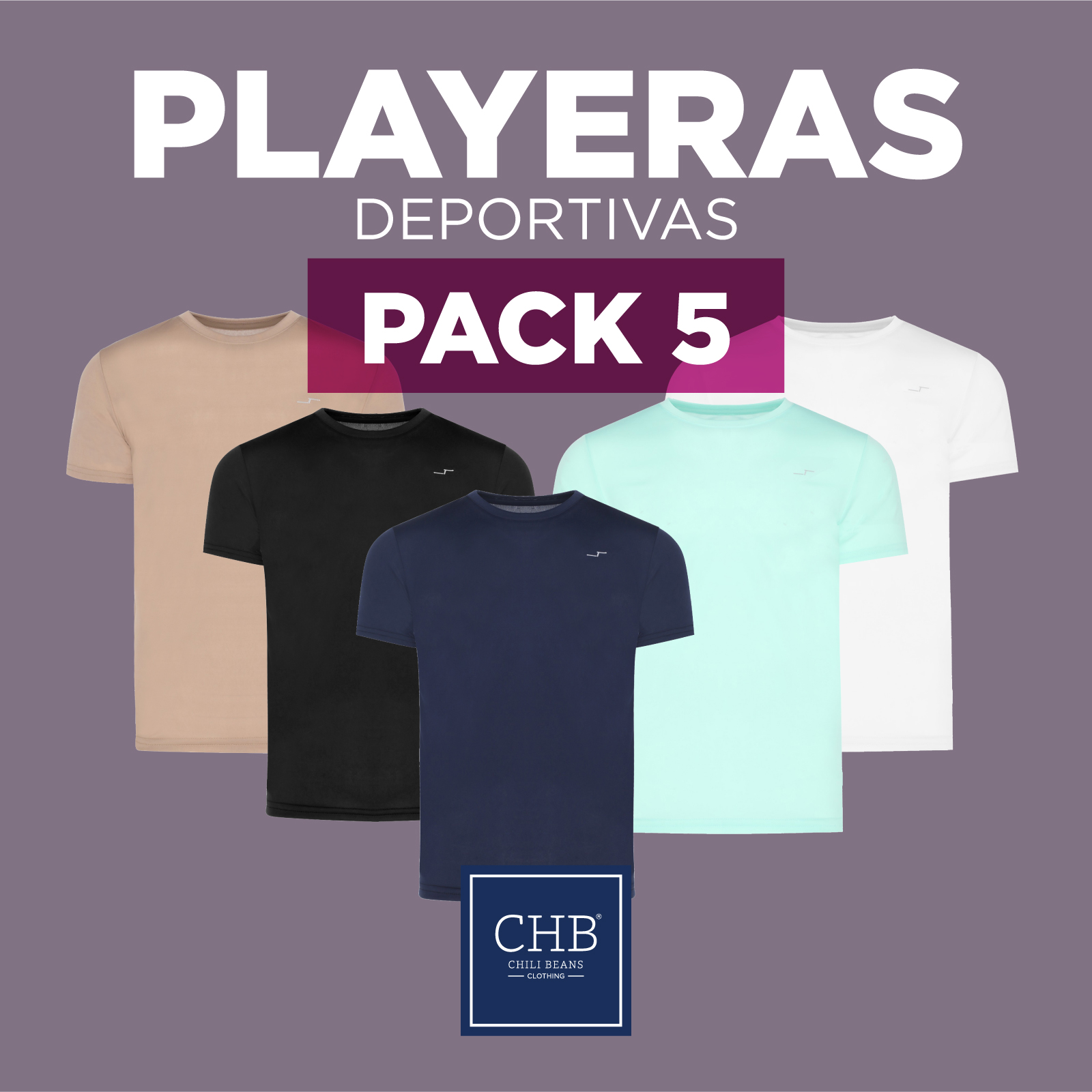 Paquete De 5 Playeras Deportivas Manga Corta Cuello Redondo Para Hombre CHB Chili Beans Clothing Co..