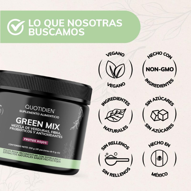 Suplemento Alimenticio Quotidien Green Mix, Jugo Verde en Polvo con Té Matcha, Clorofila, Enzimas Digestivas, Probióticos Bloom 150g.