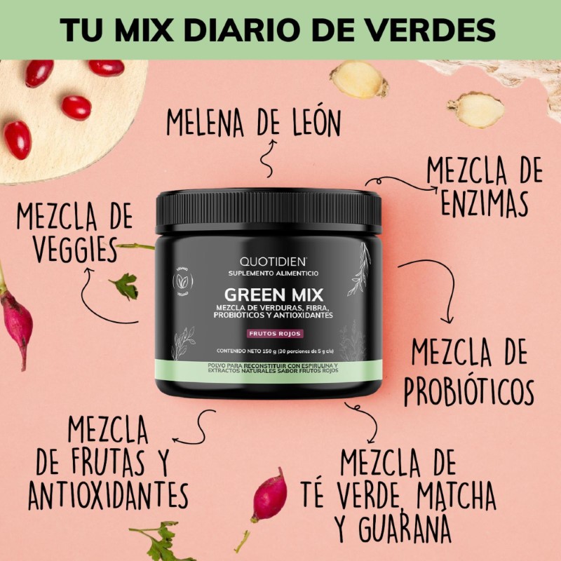 Suplemento Alimenticio Quotidien Green Mix, Jugo Verde en Polvo con Té Matcha, Clorofila, Enzimas Digestivas, Probióticos Bloom 150g.