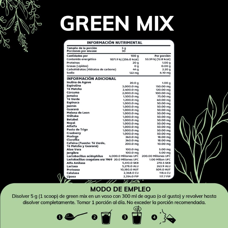 Suplemento Alimenticio Quotidien Green Mix, Jugo Verde en Polvo con Té Matcha, Clorofila, Enzimas Digestivas, Probióticos Bloom 150g.