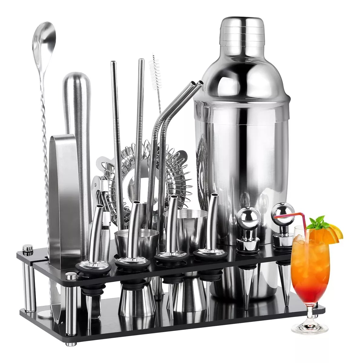 Kit Cocteleria 20pcs Profesional Bartender 750ml Con Soporte.