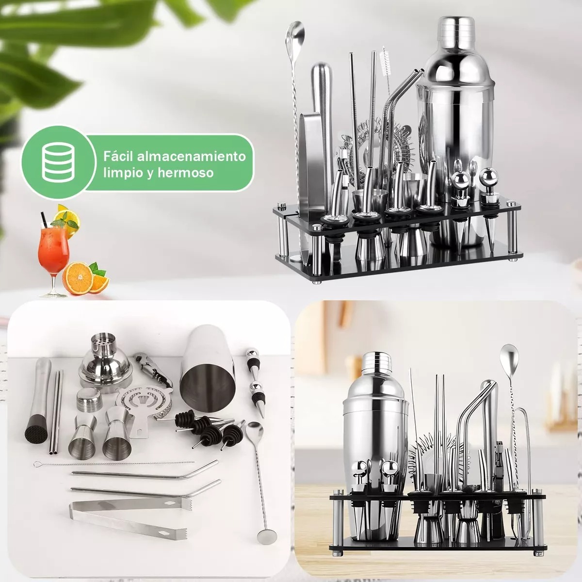 Kit Cocteleria 20pcs Profesional Bartender 750ml Con Soporte.