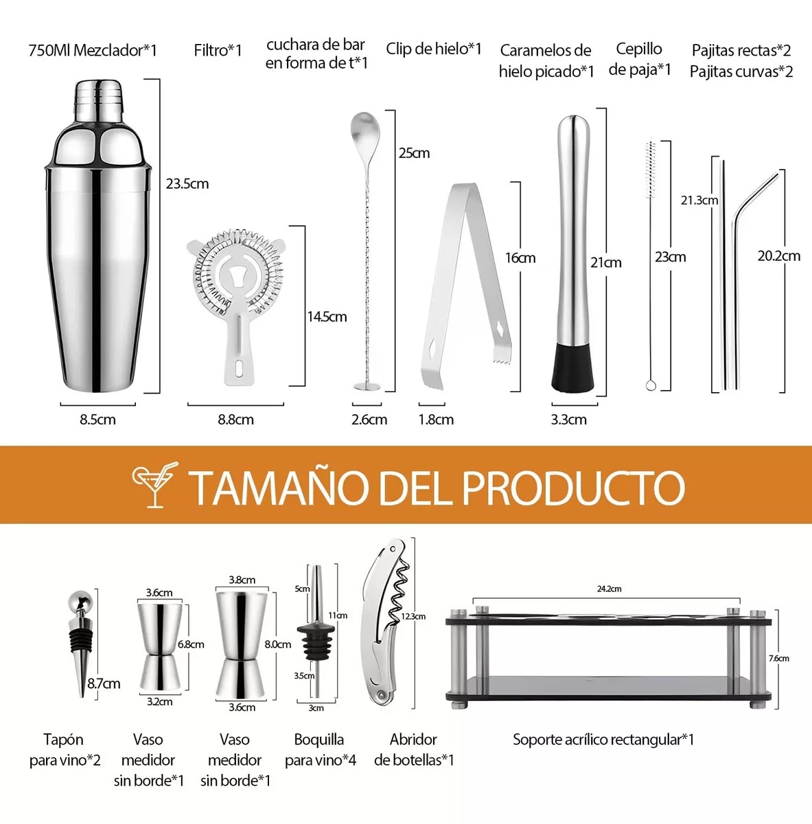 Kit Cocteleria 20pcs Profesional Bartender 750ml Con Soporte.