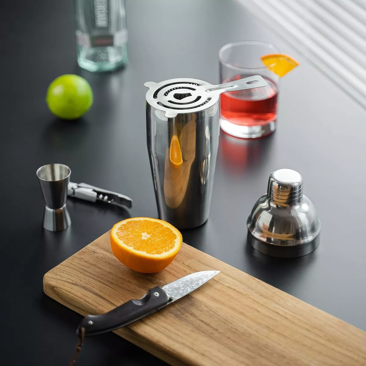 Kit Cocteleria 20pcs Profesional Bartender 750ml Con Soporte.