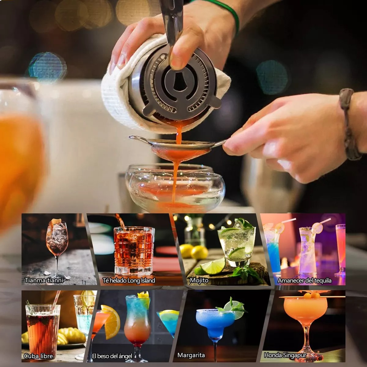 Kit Cocteleria 20pcs Profesional Bartender 750ml Con Soporte.