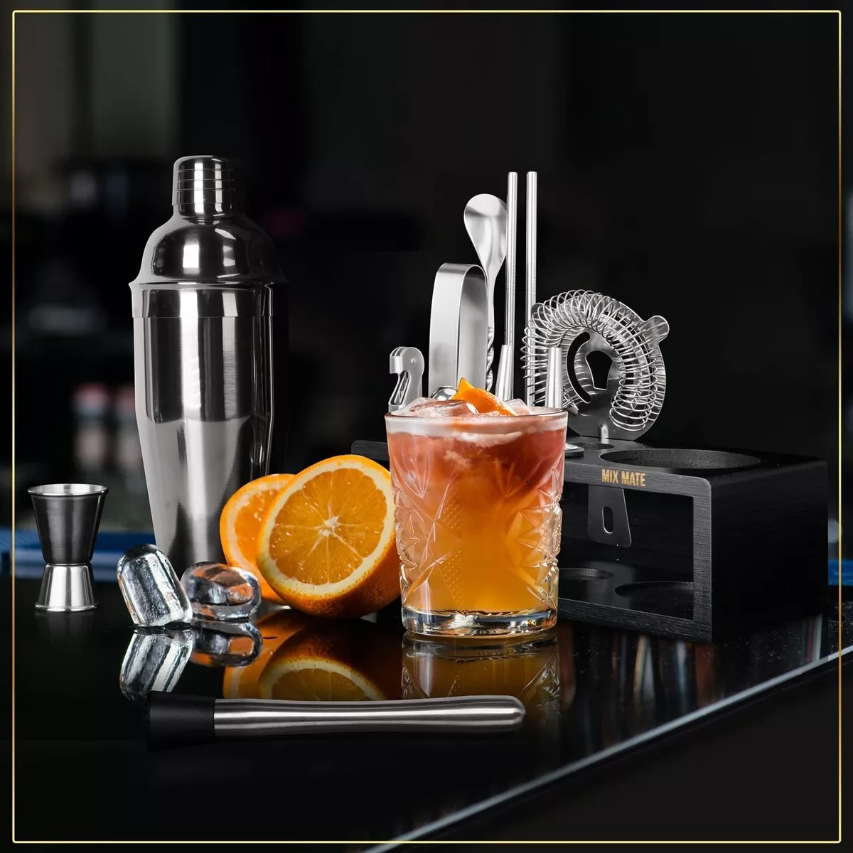Kit Cocteleria 20pcs Profesional Bartender 750ml Con Soporte.