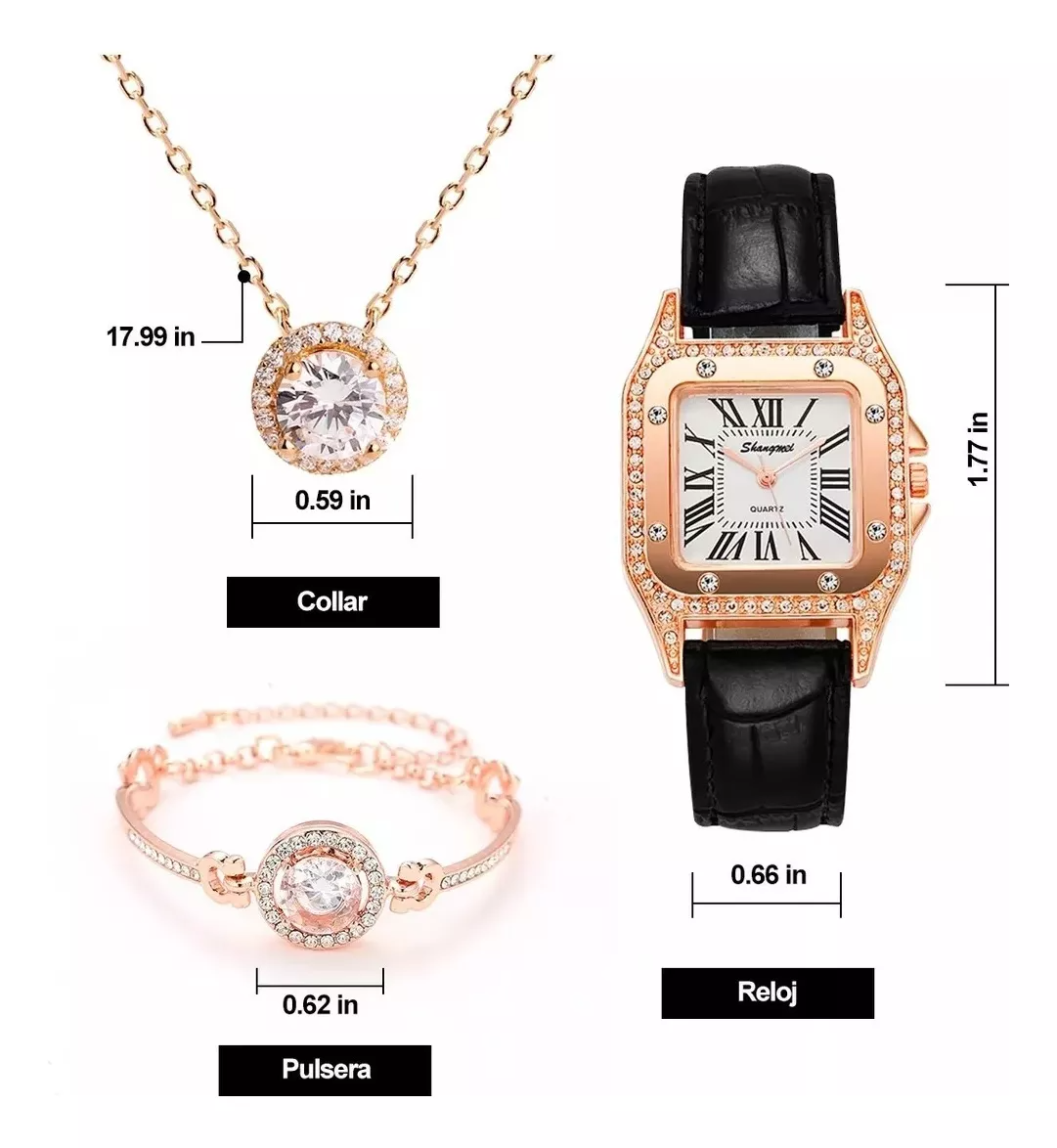 Juego De Reloj Y Joyas En Caja De Regalo Elegante 3 Piezas.