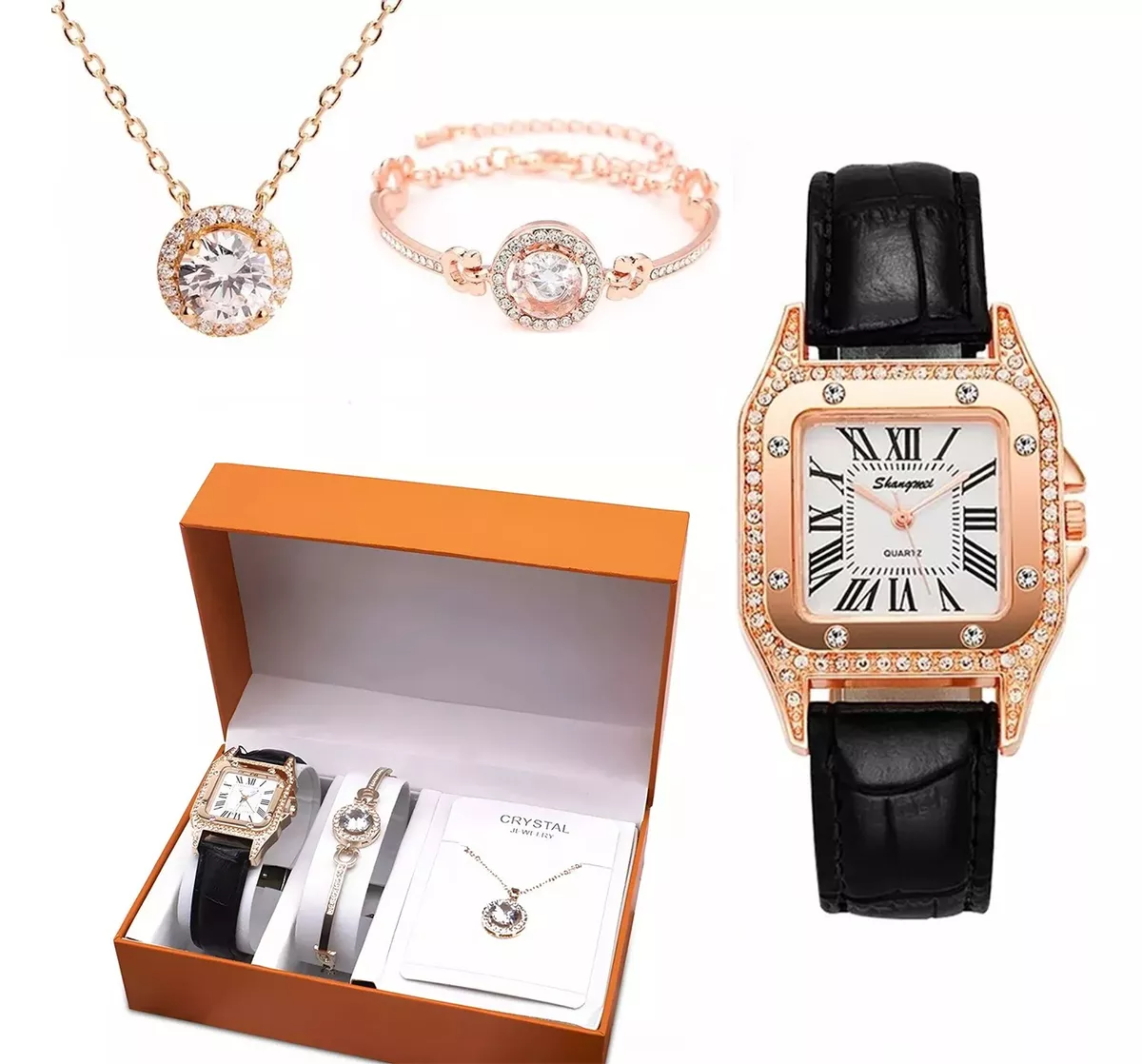 Juego De Reloj Y Joyas En Caja De Regalo Elegante 3 Piezas.
