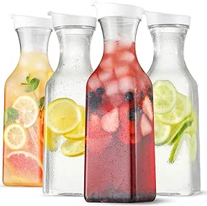 A Paquete de 4 jarras grandes de plástico de 50 onzas con tapa abatible superior, recipientes de jugo de base cuadrada, jarra de plástico transparente, para agua, té helado, jugo, limonada, leche.
