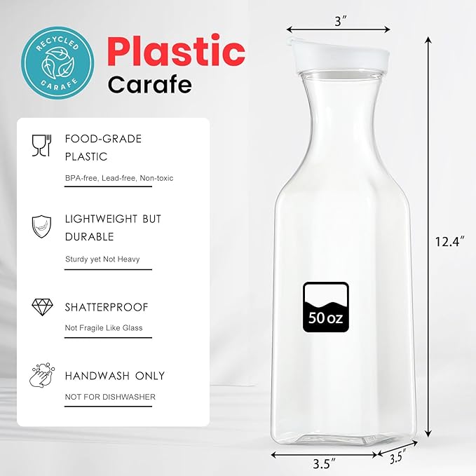 A Paquete de 4 jarras grandes de plástico de 50 onzas con tapa abatible superior, recipientes de jugo de base cuadrada, jarra de plástico transparente, para agua, té helado, jugo, limonada, leche.