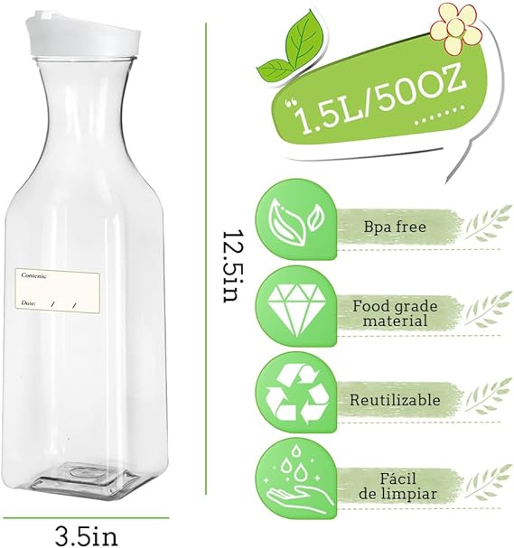 A BYHANG 2 PCS Jarras para Agua de 100 onzas,3 Litros Jarra de jugo,jarra de milk con cepillo de limpieza y etiquetas de calendario,para bebidas,leche,hacer té,jugo y bebidas frías(Blanco transparente.