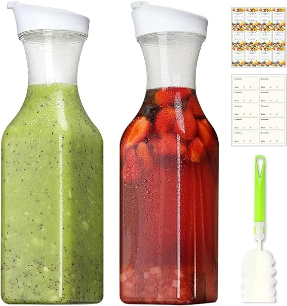 A BYHANG 2 PCS Jarras para Agua de 100 onzas,3 Litros Jarra de jugo,jarra de milk con cepillo de limpieza y etiquetas de calendario,para bebidas,leche,hacer té,jugo y bebidas frías(Blanco transparente.
