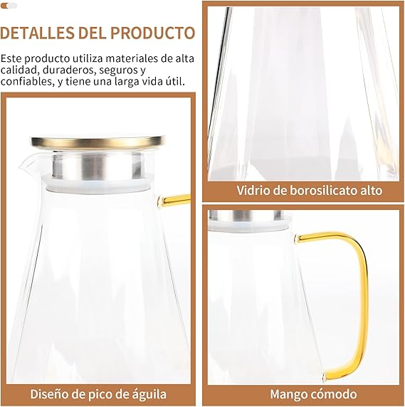 A Jarra de Vidrio - Jarra de Agua de Vidrio con Tapa de Acero Inoxidable con 1.2L, Resistente al Frío y al Calor, para Té, Café, Limonada, Leche, Jugos y Bebidas (B).