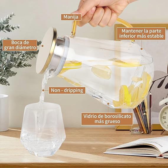 A Jarra de Vidrio - Jarra de Agua de Vidrio con Tapa de Acero Inoxidable con 1.2L, Resistente al Frío y al Calor, para Té, Café, Limonada, Leche, Jugos y Bebidas (B).