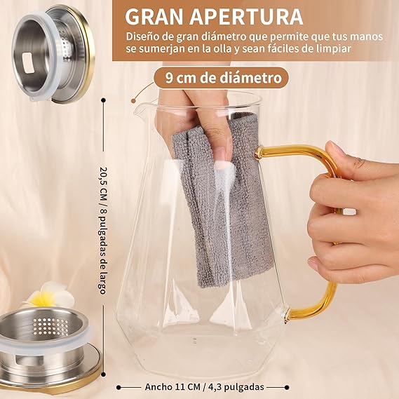 A Jarra de Vidrio - Jarra de Agua de Vidrio con Tapa de Acero Inoxidable con 1.2L, Resistente al Frío y al Calor, para Té, Café, Limonada, Leche, Jugos y Bebidas (B).