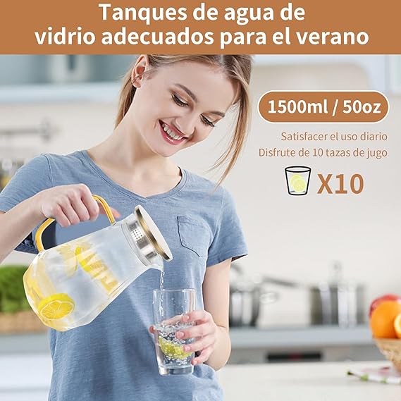 A Jarra de Vidrio - Jarra de Agua de Vidrio con Tapa de Acero Inoxidable con 1.2L, Resistente al Frío y al Calor, para Té, Café, Limonada, Leche, Jugos y Bebidas (B).
