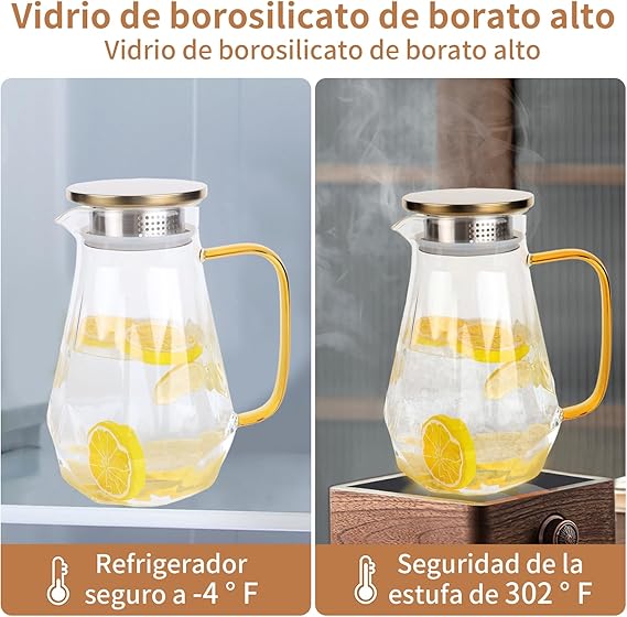 A Jarra de Vidrio - Jarra de Agua de Vidrio con Tapa de Acero Inoxidable con 1.2L, Resistente al Frío y al Calor, para Té, Café, Limonada, Leche, Jugos y Bebidas (B).