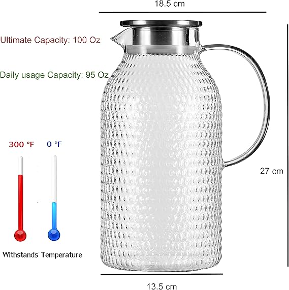 A Karafu Jarra de vidrio de 100 onzas con tapa y embalaje seguro, fácil de limpiar, resistente al calor, jarra de vidrio de borosilicato para agua caliente/fría, leche, té helado y bebidas de jugo.