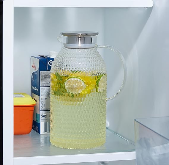 A Karafu Jarra de vidrio de 100 onzas con tapa y embalaje seguro, fácil de limpiar, resistente al calor, jarra de vidrio de borosilicato para agua caliente/fría, leche, té helado y bebidas de jugo.