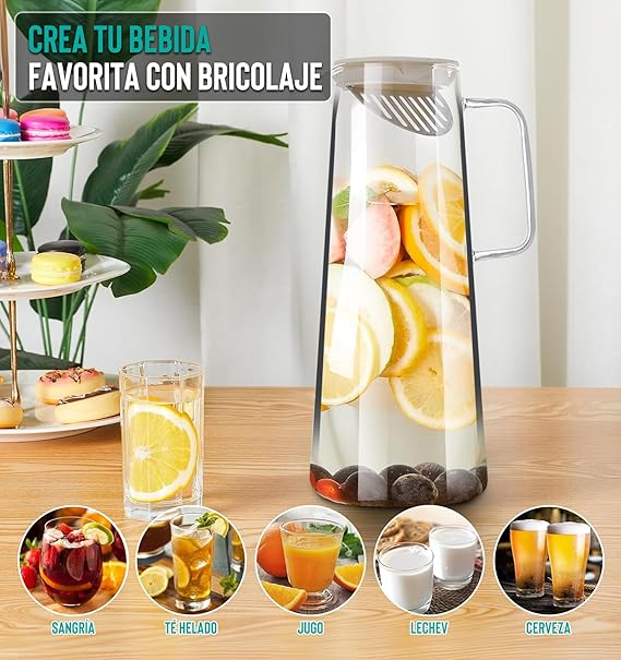 A 2 PCS Jarra de Vidrio 1.8L,Jarra de Agua Vidrio con Tapa,Refractarios Botellas Vidrio con Asa,Jarra de Borosilicato Resistente Calor y Frío,Tetera Vidrio para líquido Hirviendo,té Caliente y Frío,Jugo.