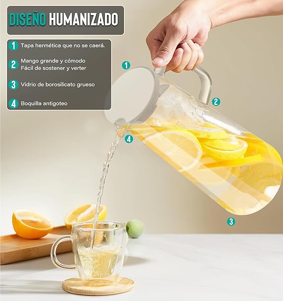 A 2 PCS Jarra de Vidrio 1.8L,Jarra de Agua Vidrio con Tapa,Refractarios Botellas Vidrio con Asa,Jarra de Borosilicato Resistente Calor y Frío,Tetera Vidrio para líquido Hirviendo,té Caliente y Frío,Jugo.