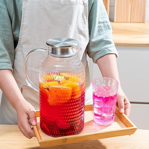 A Karafu Jarra de vidrio de 100 onzas con tapa y embalaje seguro, fácil de limpiar, resistente al calor, jarra de vidrio de borosilicato para agua caliente/fría, leche, té helado y bebidas de jugo.