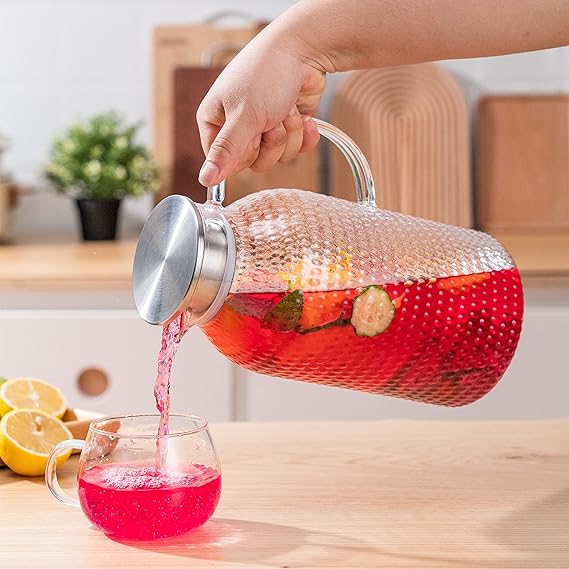 A Karafu Jarra de vidrio de 100 onzas con tapa y embalaje seguro, fácil de limpiar, resistente al calor, jarra de vidrio de borosilicato para agua caliente/fría, leche, té helado y bebidas de jugo.