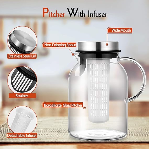 A Jarra de agua con infusor de frutas de vidrio con tapa extraíble, jarra de infusión de alta resistencia al calor para agua fría/caliente, bebidas con infusión de sabor y té helado, 2 cuartos de galón.