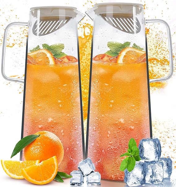 A 2 PCS Jarra de Vidrio 1.8L,Jarra de Agua Vidrio con Tapa,Refractarios Botellas Vidrio con Asa,Jarra de Borosilicato Resistente Calor y Frío,Tetera Vidrio para líquido Hirviendo,té Caliente y Frío,Jugo.