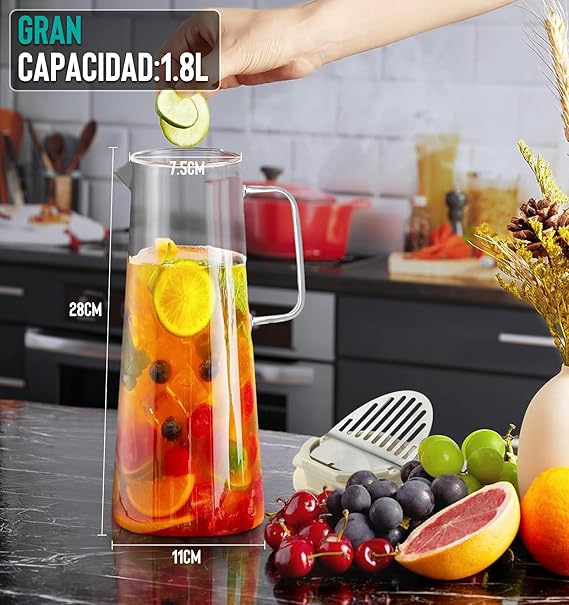 A 2 PCS Jarra de Vidrio 1.8L,Jarra de Agua Vidrio con Tapa,Refractarios Botellas Vidrio con Asa,Jarra de Borosilicato Resistente Calor y Frío,Tetera Vidrio para líquido Hirviendo,té Caliente y Frío,Jugo.