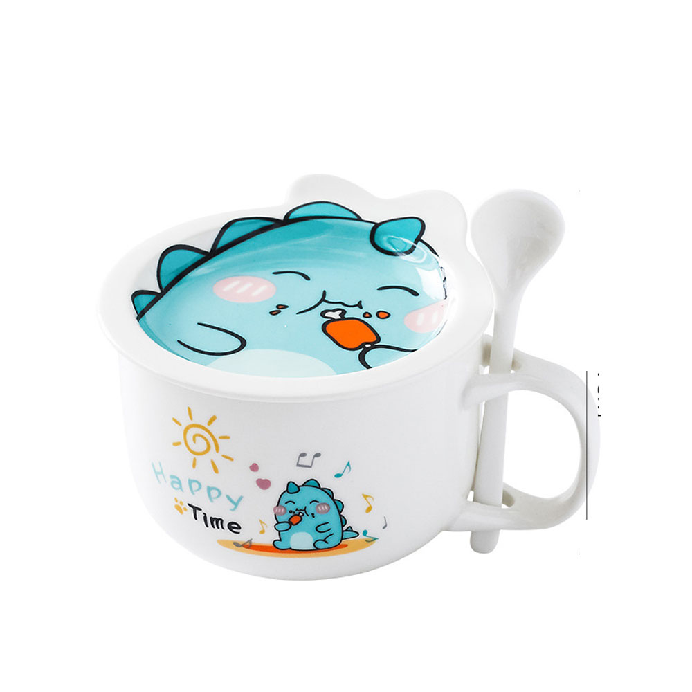 Taza de Cerámica HappyWare color Blanco para Café con Cuchara y Tapa Diseño de Dinosaurio.
