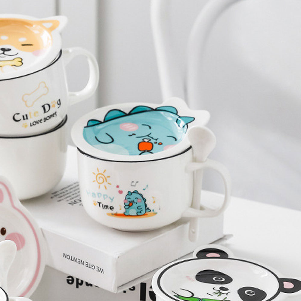 Taza de Cerámica HappyWare color Blanco para Café con Cuchara y Tapa Diseño de Dinosaurio.