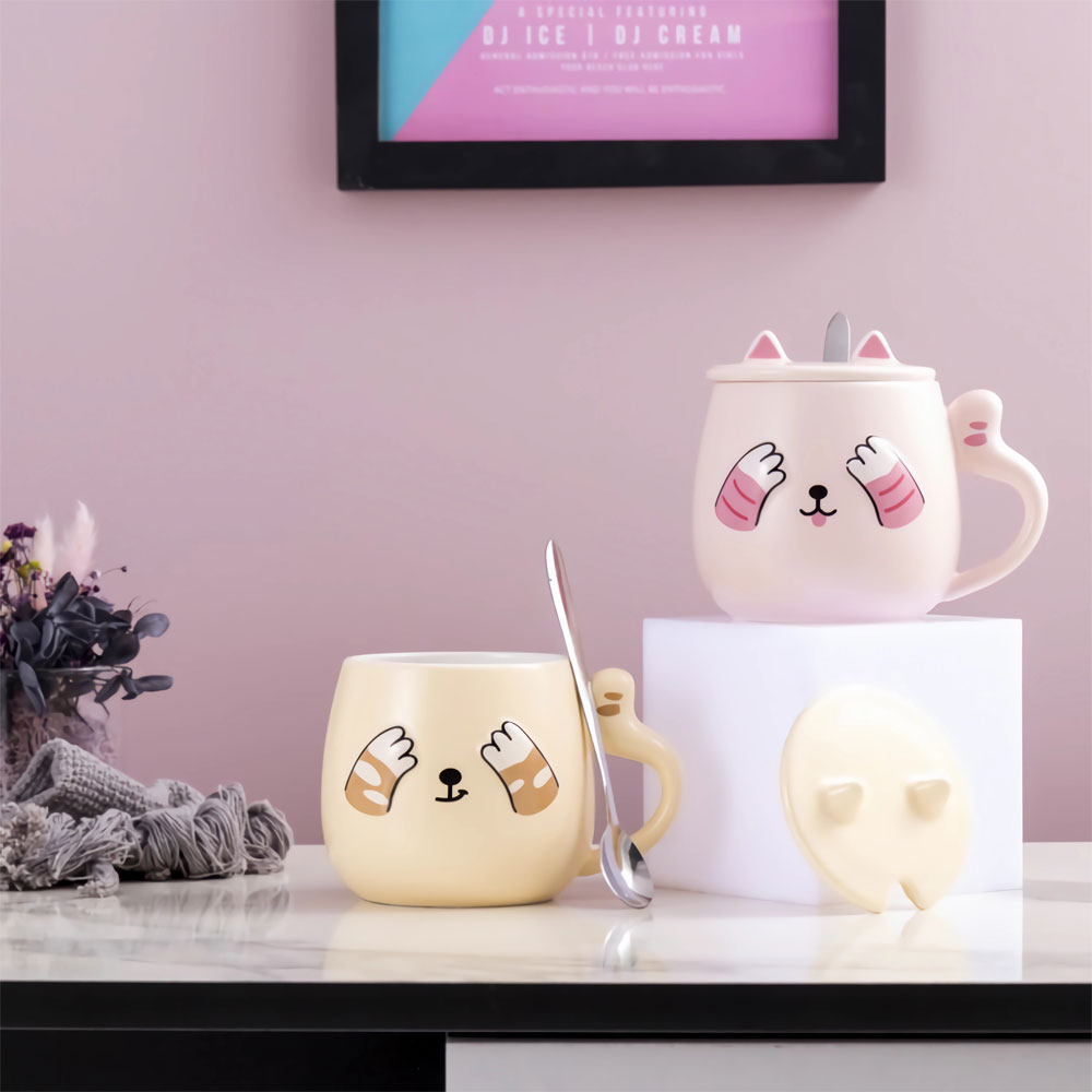 Taza Para Café Kawaii Gato Con Tapa Cuchara Peek A Boo