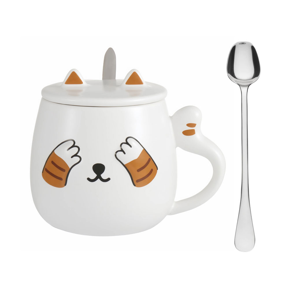 Taza Para Café Kawaii Gato Con Tapa Cuchara Peek A Boo