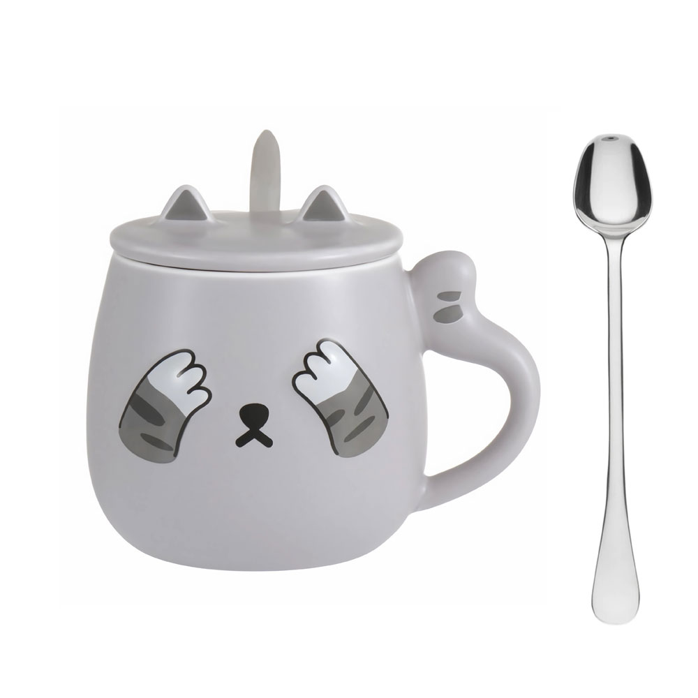 Taza Para Café Kawaii Gato Con Tapa Cuchara Peek A Boo