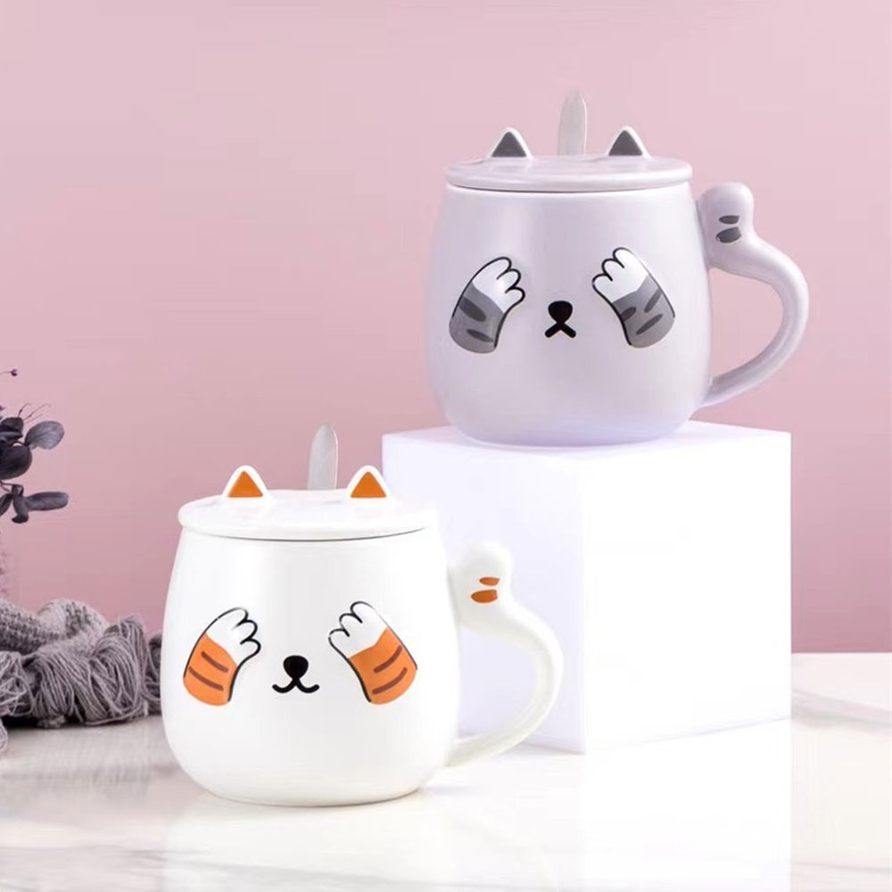 Taza Para Café Kawaii Gato Con Tapa Cuchara Peek A Boo