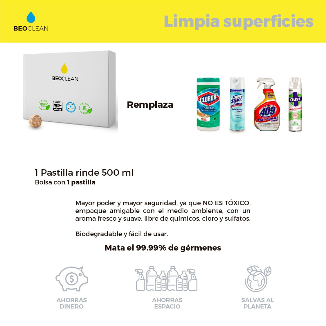 Limpiador y desinfectante de superficies, (caja con 120 pastillas rinde para 60 lts)