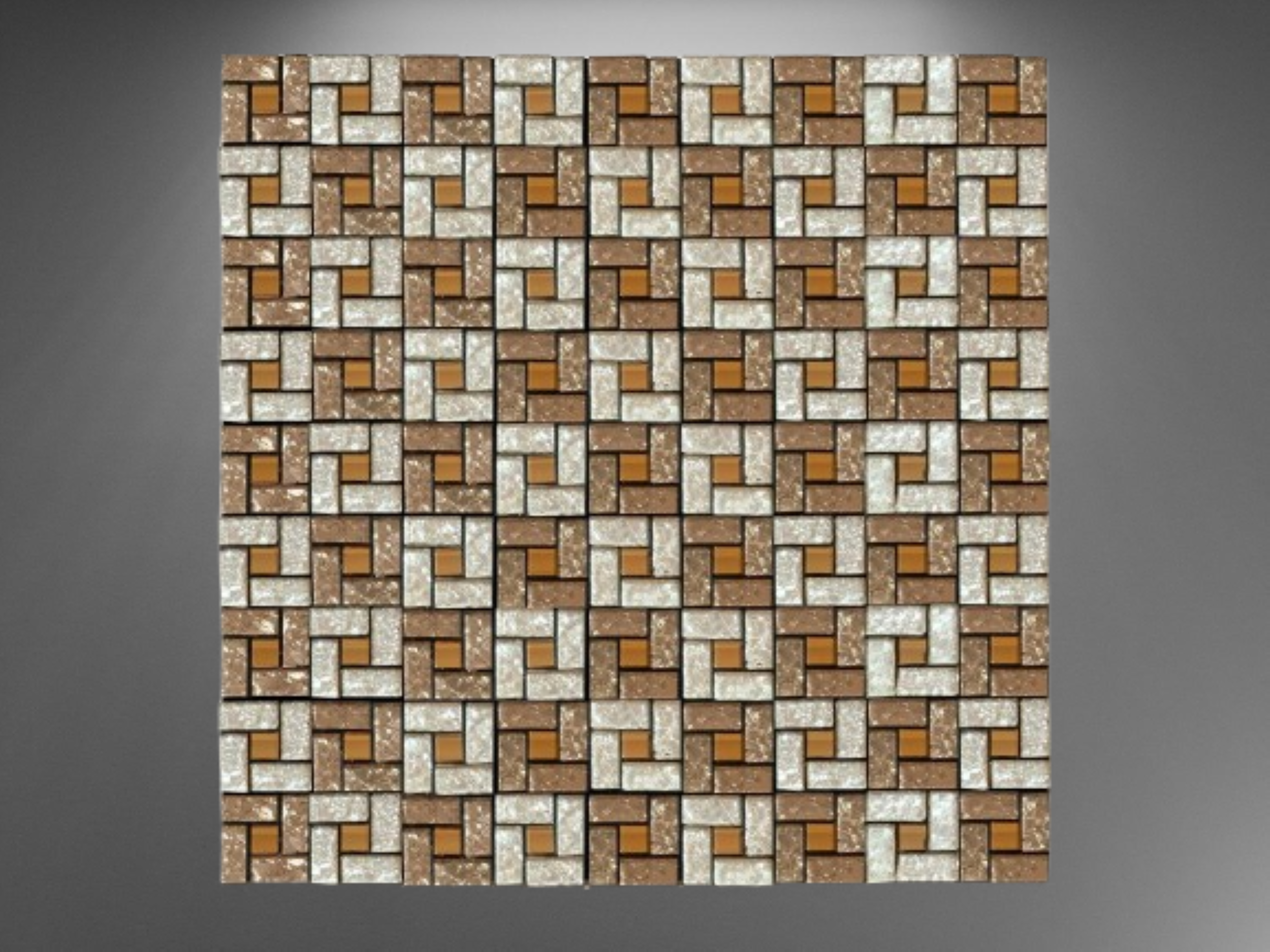 Malla o mosaico adherible de vidrio ELI, medida 30 x 30 cms. (base por altura) diseño en tonos café con acabados tipo espejo cobrizo.  Caja de 5 piezas.