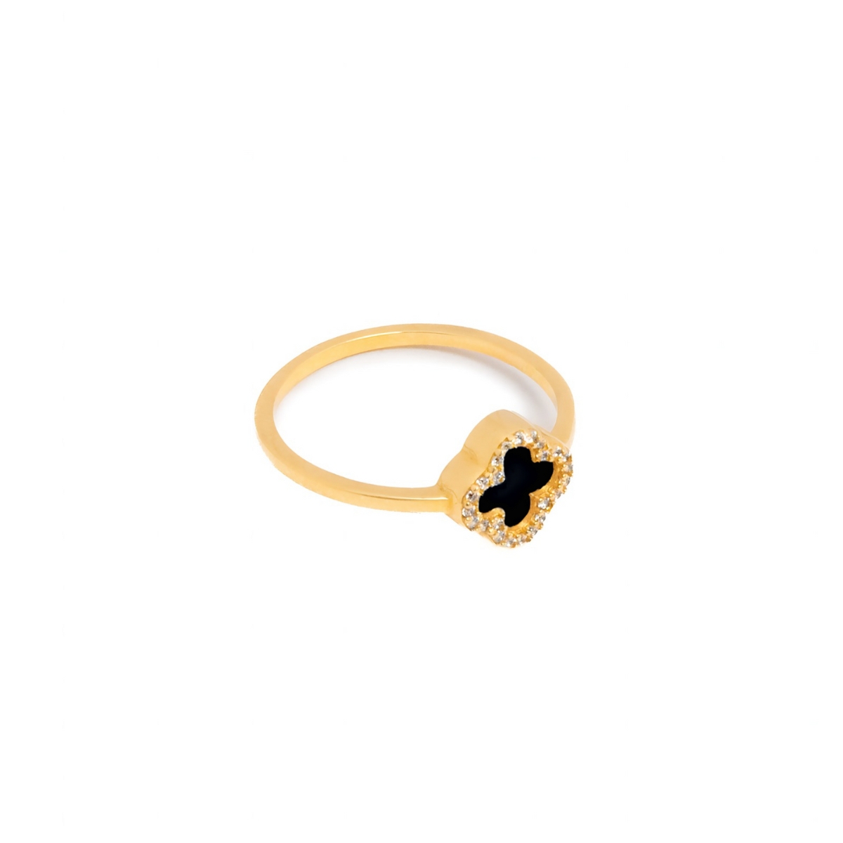 Anillo Trébol Negro Con Circonia, Oro Turco 10 Kilates..