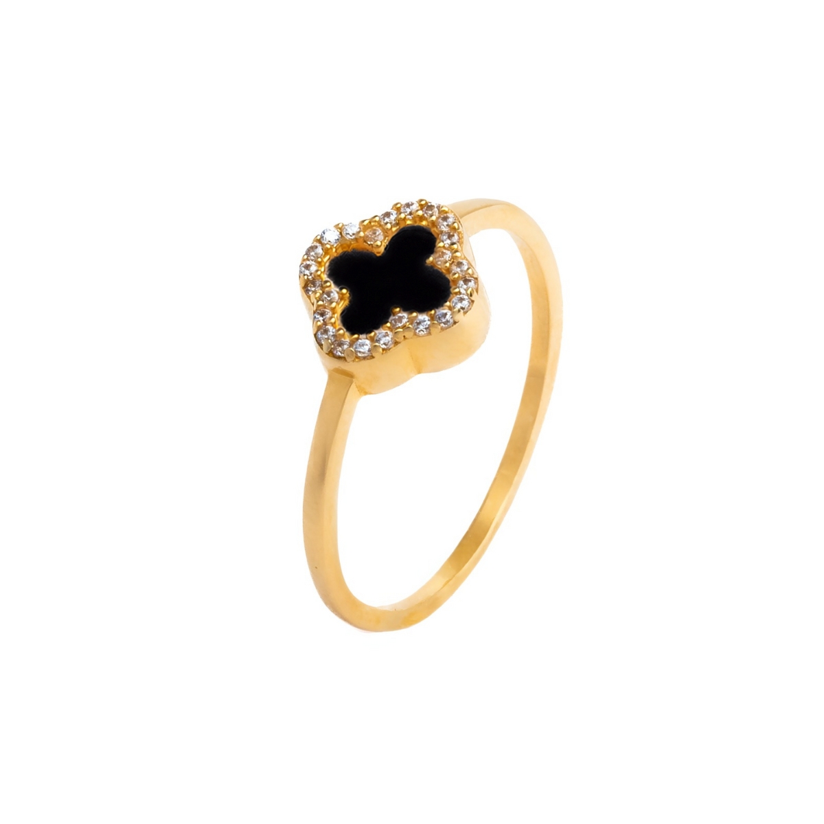 Anillo Trébol Negro Con Circonia, Oro Turco 10 Kilates..