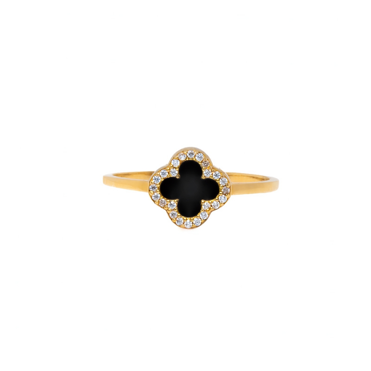 Anillo Trébol Negro Con Circonia, Oro Turco 10 Kilates..