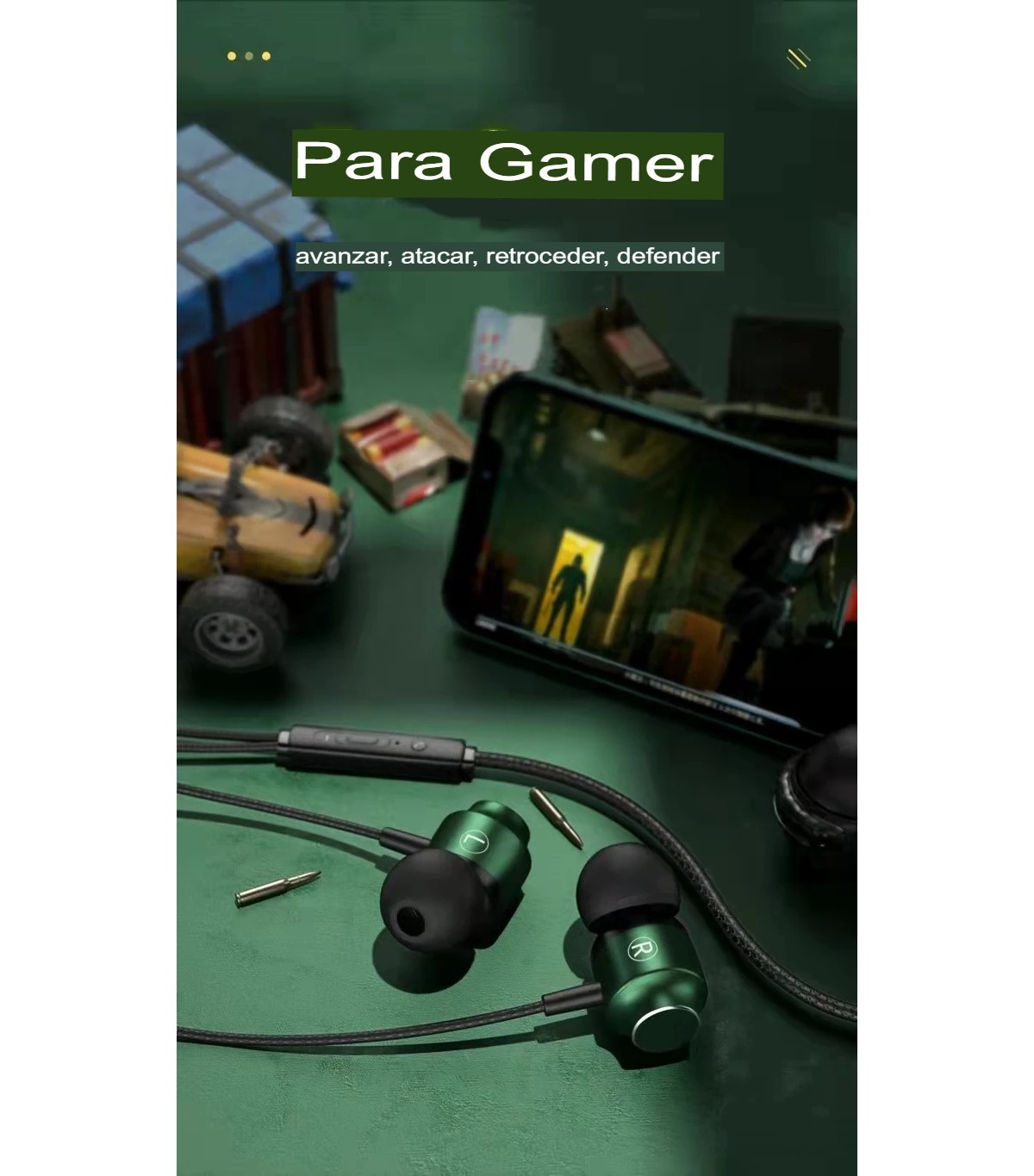 Audífonos manos libres tipo C magnéticos cable L juego Metal verde HiFi teléfono micrófono gamer.