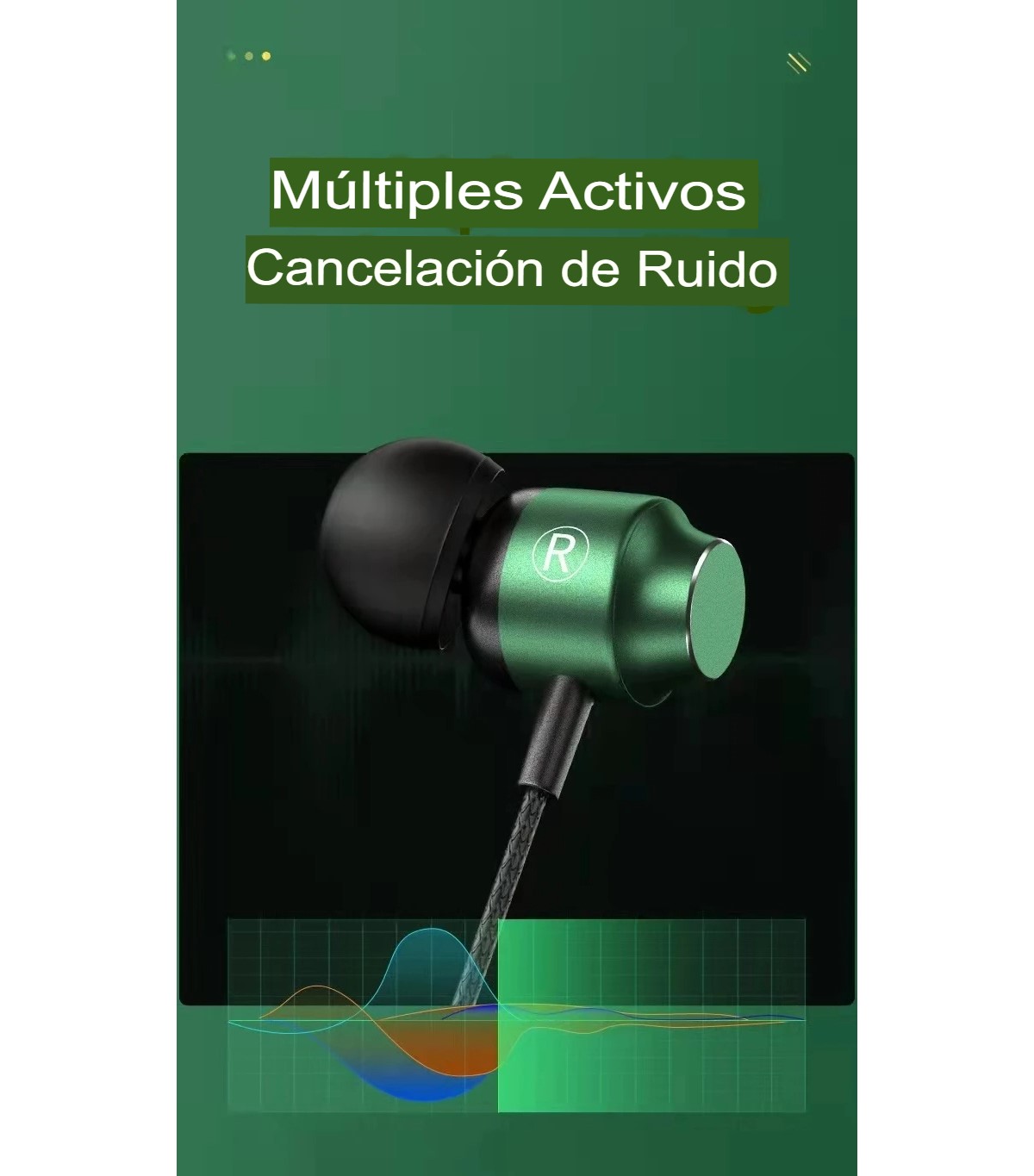 Audífonos manos libres tipo C magnéticos cable L juego Metal verde HiFi teléfono micrófono gamer.