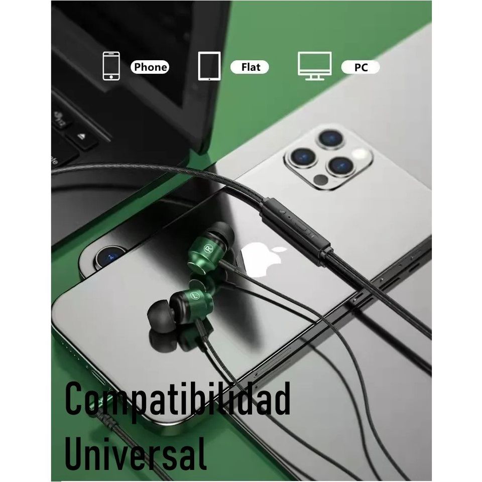 Audífonos manos libres tipo C magnéticos cable L juego Metal verde HiFi teléfono micrófono gamer.