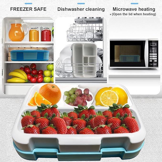 Hisemy, Bento Box（800ml）,Caja de Almuerzo de Estudiante,，caja de Bento 4 Compartimentos ，sin BPA,Con Bolsa del Almuerzo、cuchara、200ml de Contenedores，para Niños y Adultos（Azul）.