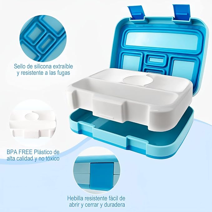 Hisemy, Bento Box（800ml）,Caja de Almuerzo de Estudiante,，caja de Bento 4 Compartimentos ，sin BPA,Con Bolsa del Almuerzo、cuchara、200ml de Contenedores，para Niños y Adultos（Azul）.