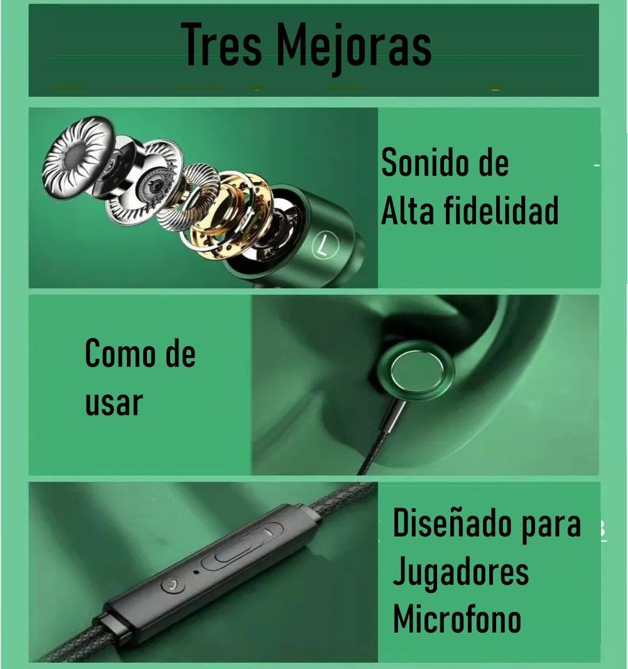 Audífonos manos libres tipo C magnéticos cable L juego Metal verde HiFi teléfono micrófono gamer.