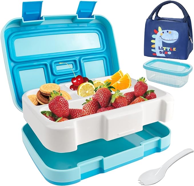 Hisemy, Bento Box（800ml）,Caja de Almuerzo de Estudiante,，caja de Bento 4 Compartimentos ，sin BPA,Con Bolsa del Almuerzo、cuchara、200ml de Contenedores，para Niños y Adultos（Azul）.